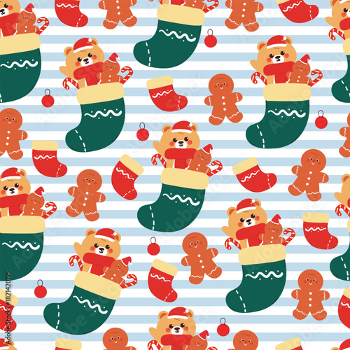 cute seamless pattern cartoon bear inside a sock with ginger bread and christmas element int blue stripe background