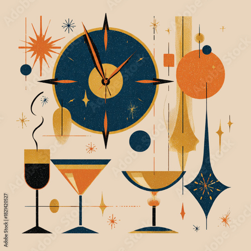 Elegant New Year Clock and Celebration Symbols in Modern Vector Style