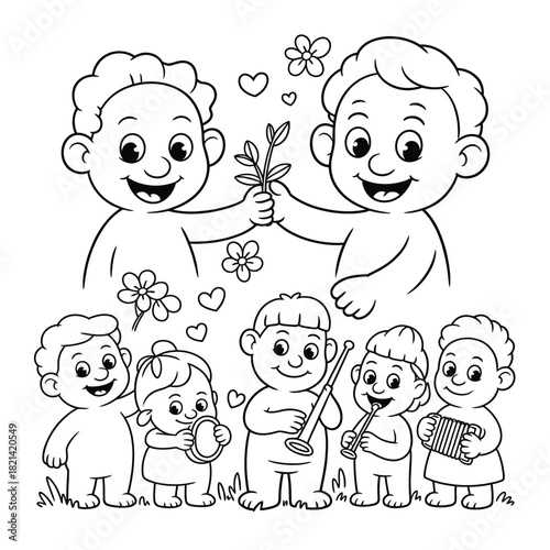 Joyful children's band plays music and shares plant sprig with smiles and flowers isolated on white background, Vector, illustration