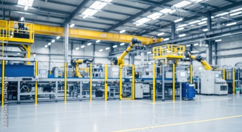 Robotic arms in a factory setting, with yellow overhead cranes and industrial machinery.