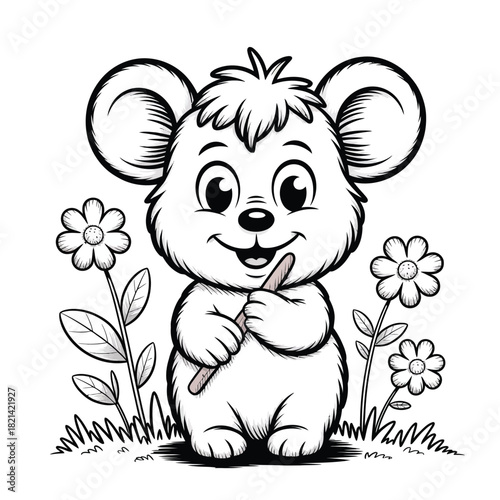Happy cartoon bear cub holding a paintbrush amidst flowers and grass in outline style isolated on white background, Vector, illustration