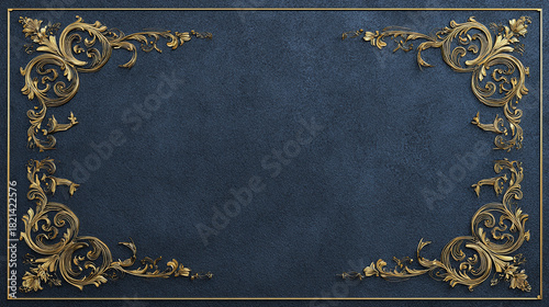 An ornate golden frame on a textured blue surface, perfect for adding text. The design is elegant and detailed. 