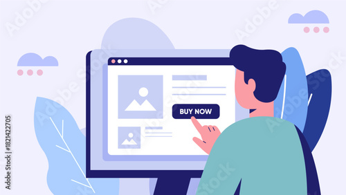 User Clicking Buy Now Button on Online Store Interface – Flat Pastel Illustration