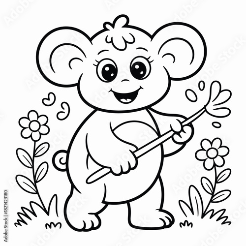 Cute cartoon bear cub holding a paintbrush and flowers, coloring book style drawing isolated on white background, Vector, illustration
