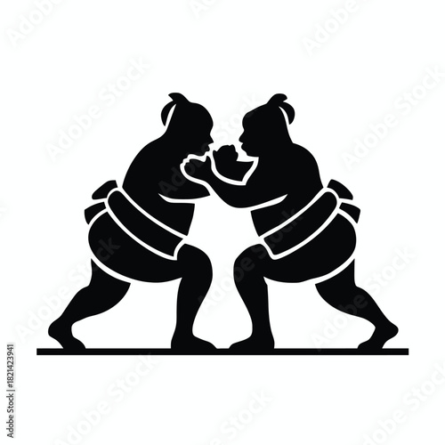Two sumo wrestlers in silhouette facing off, preparing for a traditional japanese combat match. isolated on white background, Vector, illustration