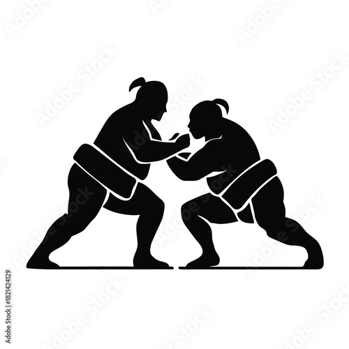 Two sumo wrestlers grappling in a silhouette, ready for a powerful combat isolated on white background, Vector, illustration