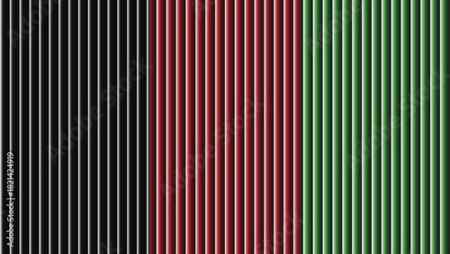 A striking visual composition of vertical lines in black red and green hues presented side by side