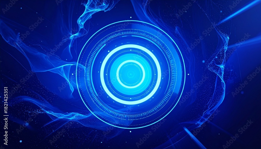 Obraz premium 青い空間に輝く中心の円形デジタルインターフェースと周囲に広がる光の粒子や流れる波紋が近未来的な雰囲気を醸し出す