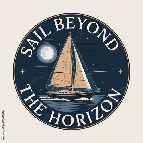 Sailboat cruising under moonlit sky, sail beyond the horizon emblem