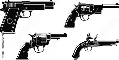 Handgun silhouettes, vintage and modern firearms
