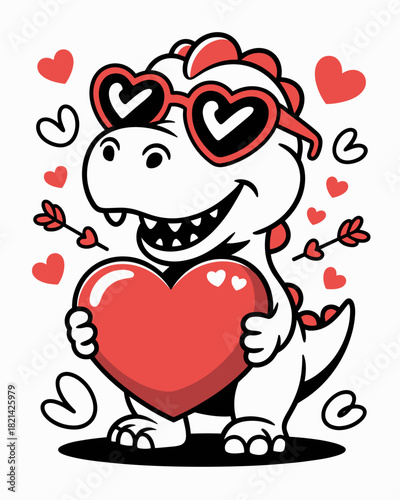 Cute cartoon dinosaur with heart sunglasses holding a red heart surrounded by love symbols in playful Valentine's Day style