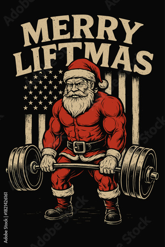 Muscular Santa Claus lifting barbell with Merry Liftmas text and American flag in Christmas gym design