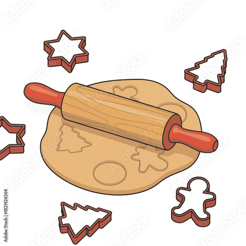 Festive cookie baking scene with rolling pin and holiday cookie cutters like Christmas trees and gingerbread men, perfect for winter holiday baking fun