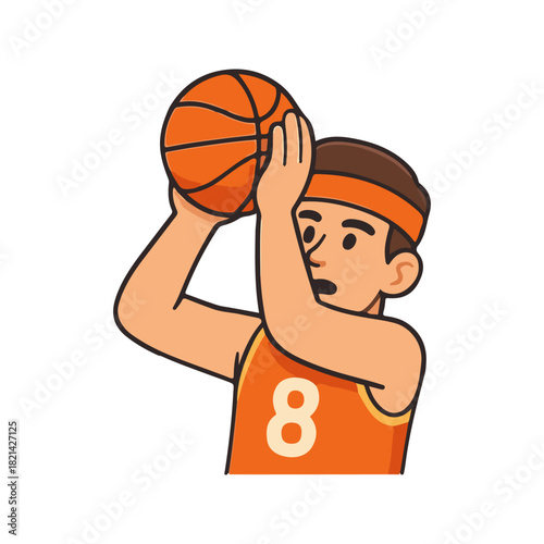 Basketball player shooting illustration. Athlete cartoon character action pose. Sportsman making jump shot artwork