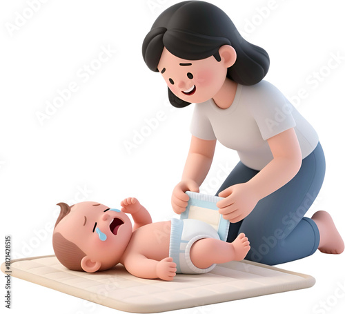 
Mother changing crying baby's diaper 3D illustration