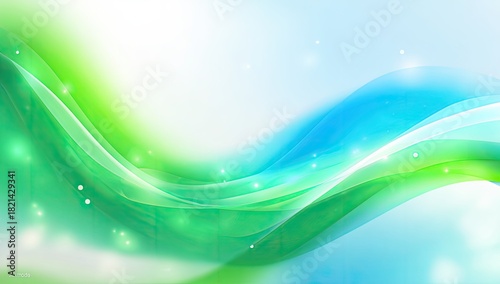 Abstract flowing design with green and blue waves against a gradient background
