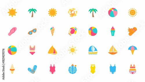 Colorful summer vacation flat icons on white background