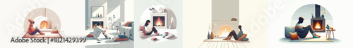 someone enjoying a fireplace on a winter night. Vektor, design, minimalist, illustrations, set icon