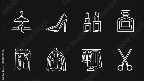 Fashion and Beauty Icons Set on Black Background clothing