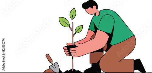 Planting a Tree Illustration of an Individual Engaging in Reforestation Efforts