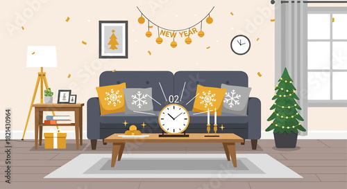 A charming flat design illustration depicting a minimalist living room beautifully adorned for a New Year's Eve celebration, complete with festive accents and a countdown clock. 