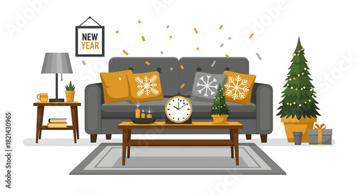 A charming flat design illustration depicting a minimalist living room beautifully adorned for a New Year's Eve celebration, complete with festive accents and a countdown clock. 