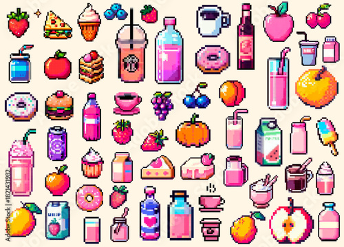 Bright pixel art illustration displaying an assortment of fruits, drinks, desserts, and snacks, food, beverages. Conceptual vector illustration for retro game assets.