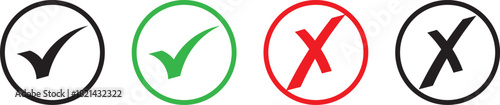 Tick, cross icon set. Yes or no symbol, approved or rejected icon for user interface. Green tick and red cross checkmarks. Green tick and red cross checkmarks. Right or wrong icons

