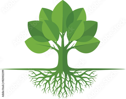 Abstract Tree of Life Green Foliage and Root System Illustration