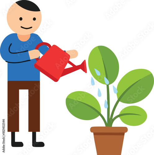Man Watering Plant A simple illustration of care and growth for nature's well-being
