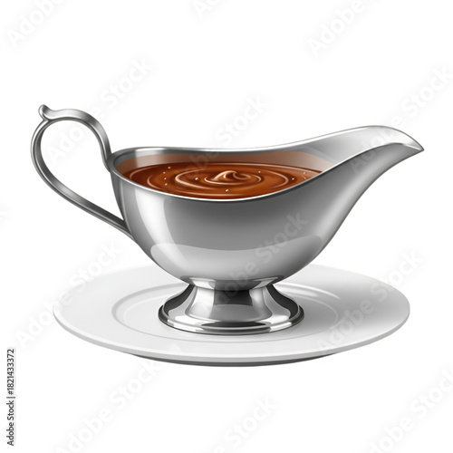 Realistic monochrome line drawing of a silver gravy boat with sauce inside on isolated pure transparent background