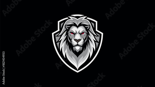 Grayscale lion head emblem on black background