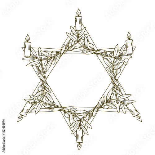 A charming neat vector - Star of David with candles and olive branches in elegant design  