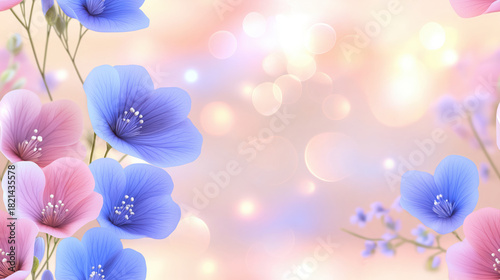 Soft pink and blue flowers with delicate petals and white stamens on dreamy pastel bokeh background create gentle, romantic, and serene spring atmosphere