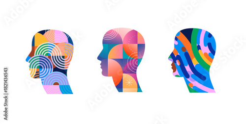 Human head profile outline with colorful geometric pattern. Mental health and creativity concept.