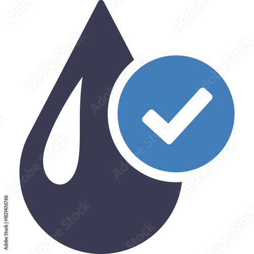 Dark Blue Water Drop Icon With White Check Mark Symbol Inside Blue Circle on Transparent Background Represents Approved Fluid Quality or Cleanliness
