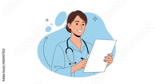 Smiling female doctor in light blue scrubs holding a clipboard and pen.