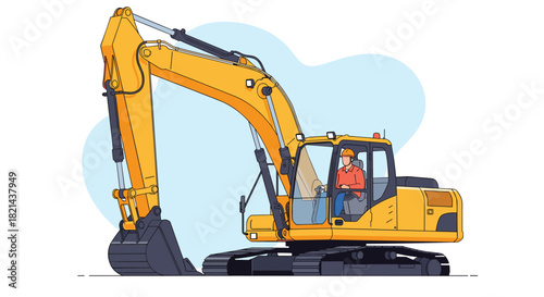 An excavator operator wearing a hard hat sits in the cab of a yellow excavator against a light blue background.