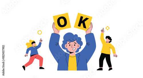 Three people celebrate, with two holding up yellow squares spelling out.