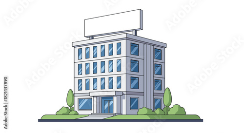 Modern office building with a blank billboard on top, surrounded by greenery.