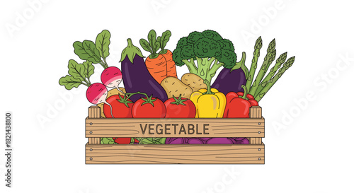 A wooden crate overflowing with a variety of fresh, colorful vegetables.