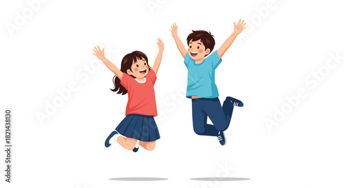 Two joyful children, a boy and a girl, are jumping high in the air with their arms raised.
