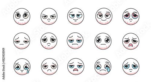 A collection of 15 cartoon emoji faces expressing a range of emotions, from happiness to sadness.