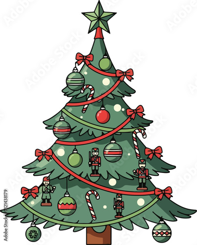 A decorated Christmas tree with ornaments, garlands, and a star on top stands against a clean white background, conveying a festive holiday mood.
