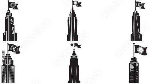 Minimal skyscraper with coin flag — corporate property and revenue marker icon for real-estate investment, asset value and urban finance
