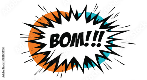 Comic book style speech bubble with the word BOM and exclamation points against an orange and teal background.