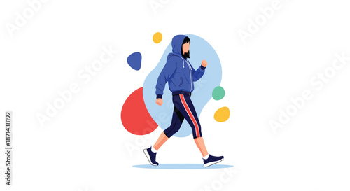 Woman in athletic wear walking with colorful abstract shapes in the background.