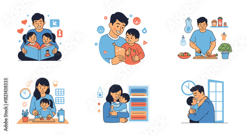 Illustrations depicting happy fathers and mothers spending quality time with their children in various activities.