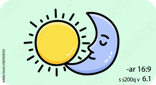 Cartoon illustration of a bright yellow sun and a crescent moon with a face.
