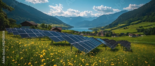 Solar Panels in a Lush Green Valley with a Lake and Mountains Keywords: solar panels, renewable energy